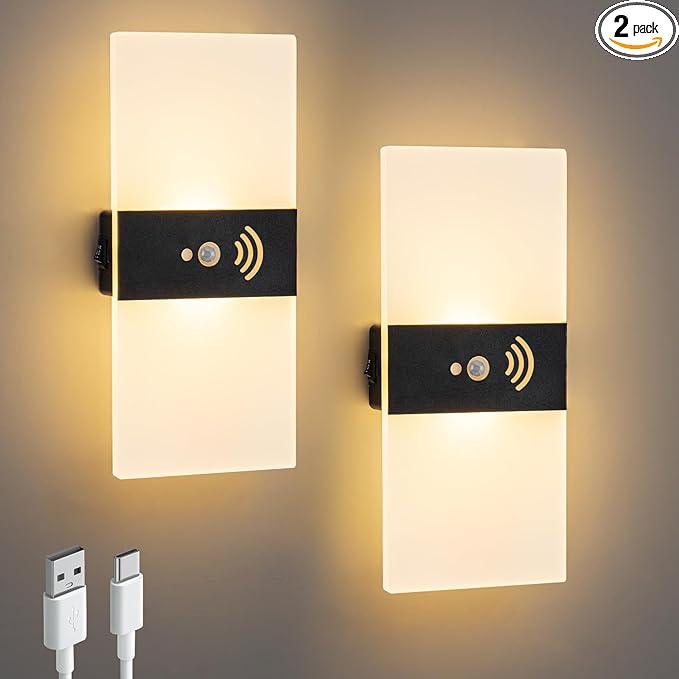 Motion Sensor Wall Light, Battery Operated Wall Sconce, Rectangle LED Wall Lights for Room Decor, Dimmable, Rechargeable, Small Night Lights for Hallway Stairway Porch Closet, 2-Pack