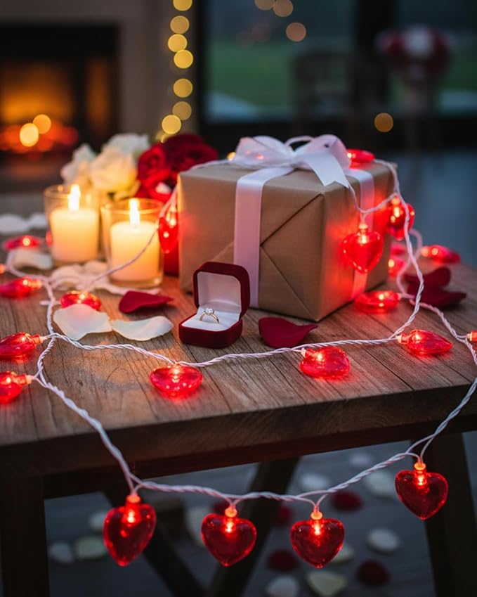 SUNSGNE 8.5Ft Red Heart String Lights, Valentines Lights with 10 LED Red Heart Bulbs for Valentine Mother's Day Wedding Anniversary Party Christmas Decor