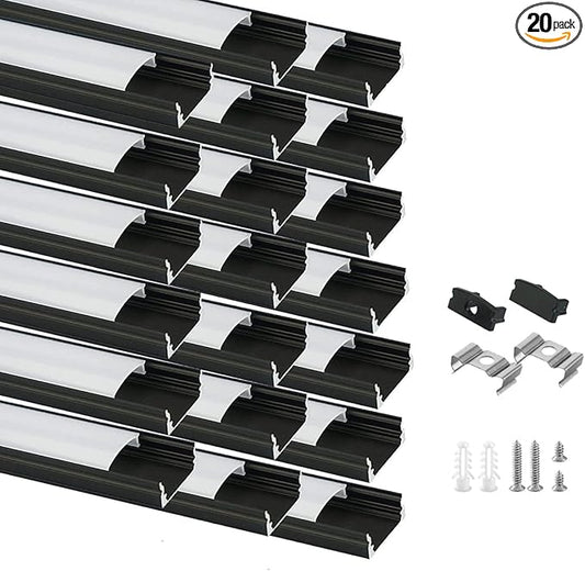 Besseto 20Pack 3.3Ft/1M Black LED Aluminum Channel,LED Strip Light Diffuser Aluminum Channel Profile Housing Track for Under Cabinet Counter and Stairs (Black-20Pack 3.3ft)