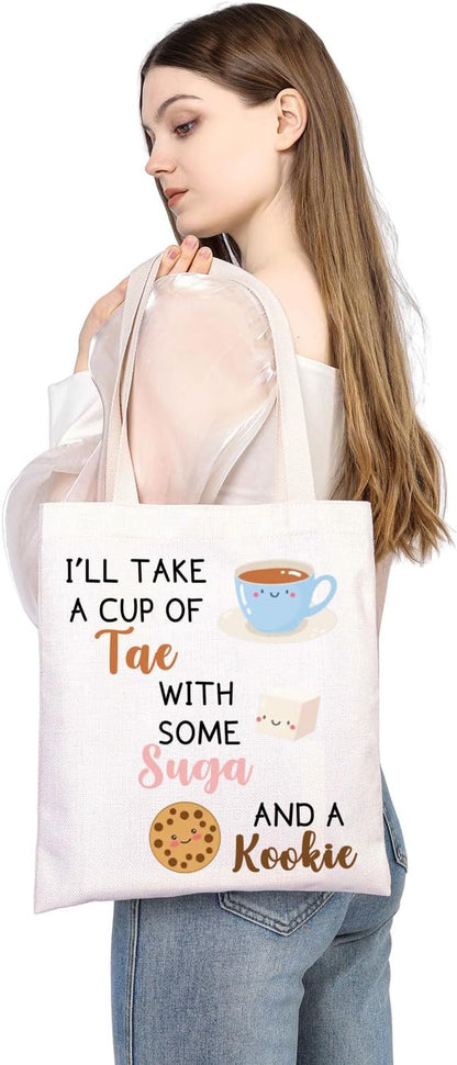 WSNANG Korean Group Fans Gift Music Lover Bag A Cup of Tae With Suga and A Kookie Tote Bag Reusable Shopping Bag