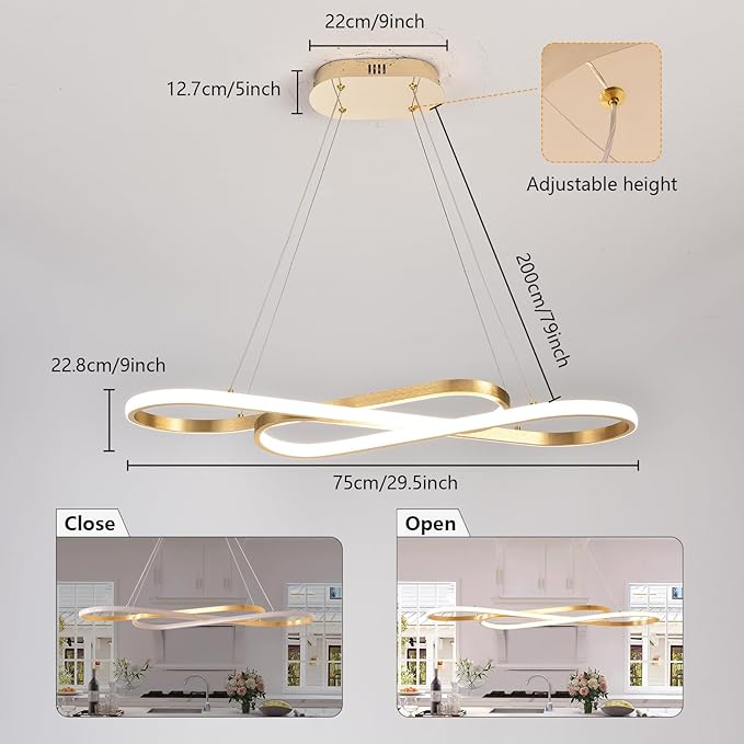 Dimmable Pendant Light for Kitchen Island Lighting,29.53" Modern LED Chandelier, LED Pendant Light with Adjustable Height, Gold Modern Kitchen Chandeliers for Kitchen Island, Dining Room with Remote
