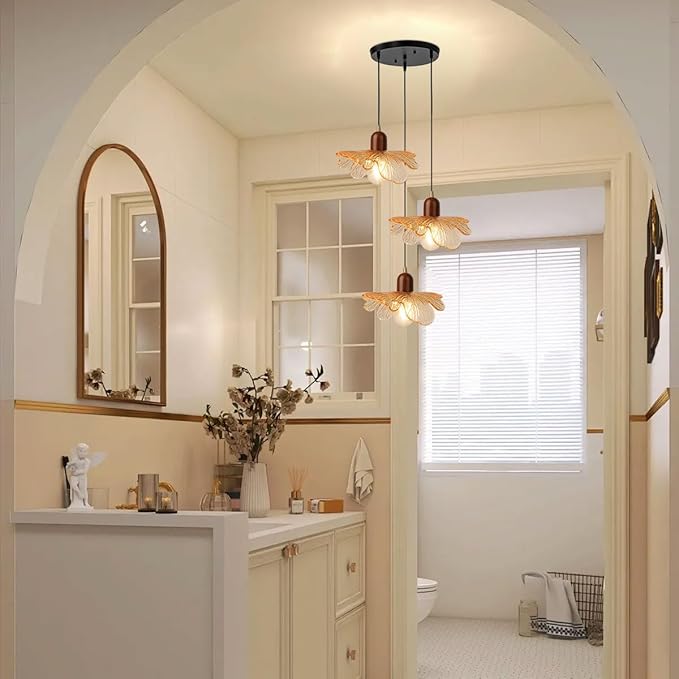 Glass Chandelier 3-Light Kitchen Island Pendant Light Shade Vintage Walnut Wood Chandeliers Amber Glass Hanging Pendant Lamp for Dining Room, Living Room, Bedroom