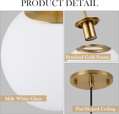 Milk Globe Pendant Light, Mid Century Modern Ceiling Hanging Lights Fixture with Height Adjustable, Brass Gold Pendant Lighting for Kitchen Island, Hallway, Dining Room, Living Room (1 Pack)