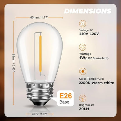 GvvooHome 36 Pack S14 LED Replacement Light Bulbs, Shatterproof Plastic 1W Outdoor String Light Bulbs for Patio, Garden, Waterproof, E26 Regular Medium Screw Base, Warm White