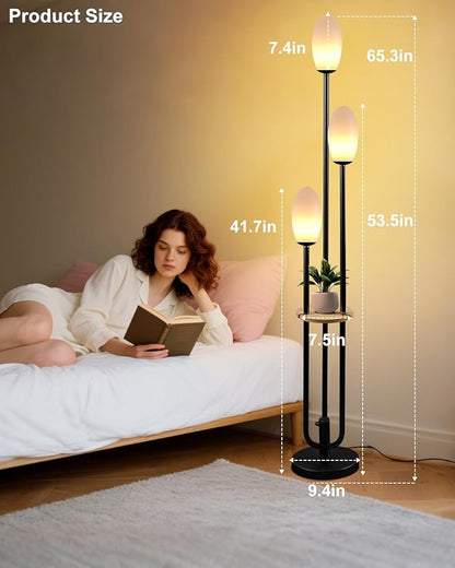 Black Dimmable Floor Lamp with Table, Unique Tall Standing Lamps with 3000K G9 Bulbs for Reading, Mid Century Modern Floor Lamp with 5Lbs Heavy Base for Living Room Bedroom Office
