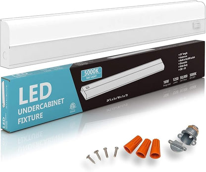 6 Pack Hardwired LED Under Cabinet Lighting - 16 Watt, 24", Dimmable, UnderCRI>90, 5000K (Day Light), Wide Body, Long Lasting Metal Base with Frost Lens