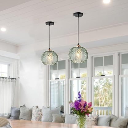 Green Glass Pendant Light Fixture Black Mid Century Modern Pendant Lighting Chandelier 1-Light Globe Ceiling Hanging Light for Bedroom Living Dinning Room Kitchen Island