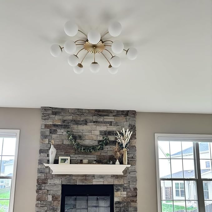 Longree 12-Light Gold and White Sputnik Chandelier Flush Mount Ceiling Lights with Blossom Accent, Mid Century Opal Glass Bubble Starburst Light Fixture for Dining Living Entry Room