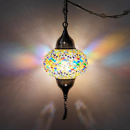 Turkish Moroccan Mosaic Pendant Light - Handcrafted Tiffany Style Swag Lamp with 15ft Cord, Vintage Glass Ceiling Fixture for Mediterranean Decor (Multicolor1)