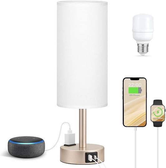 Antique White Bedside Table Lamp for Bedroom - 3 Way Dimmable Touch Lamp USB C Charging Ports and AC Outlet, Small Lamp Gold Base Round Flaxen Fabric Shade for Living Room, Desk, LED Bulb Included