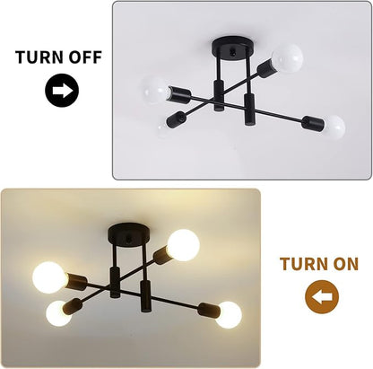 Garwarm Black Semi Flush Mount Ceiling Light Fixture, 4-Light Modern Industrial Sputnik Chandelier Light Fixture, Flush Mount Ceiling Lamp for Kitchen Dining Room Bedroom Foyer Entryway Hallway Closet