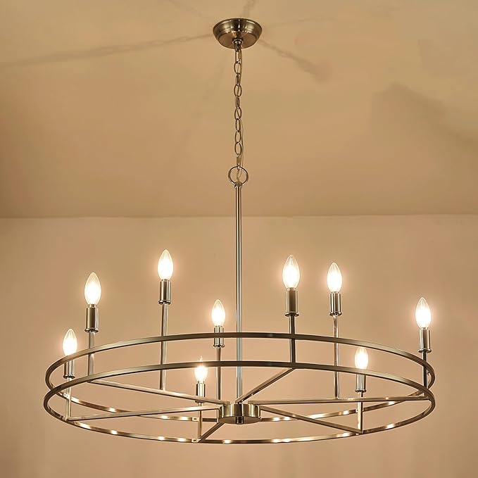 Modern Brushed Nickel Chandelier 9-Light Master Bedroom Chandelier Light Fixture Silver Metal Round Chandelier Living Room Lighting for Dining Room Bathroom Foyer Entrance, 35in