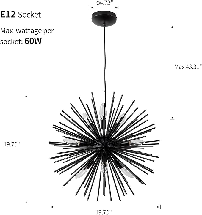 CM MZY Modern Black Sputnik Chandeliers, 9-Light Satellite Pendant Light fixtures, Starburst Firework Ceiling Lights for Bedroom Living Room Dining Room Kitchen Island Hallway, E12 Socket(Dia:19.7'')