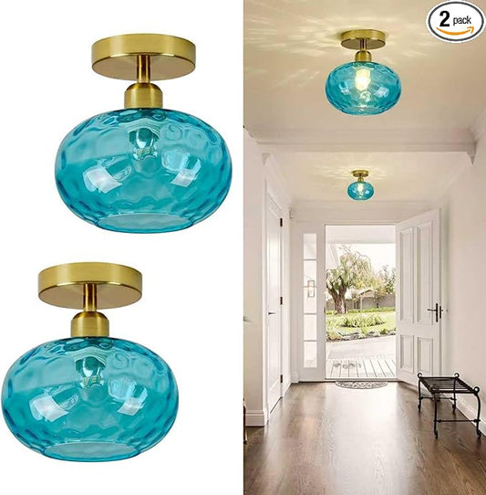 Luafac Blue Glass Semi Flush Mount Ceiling Light - 2 Pack,7.9 Inch Hammered Glass Small Hallway Light fixtures, Vintage Gold Art Deco Flush Mount Ceiling Light for entryway Foyer Laundry Room Kitchen