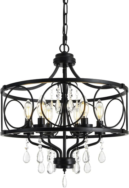 6-Light Modern Black Crystal Chandelier, Farmhouse Ceiling Light Fixture, Hanging Metal Pendant Lights Kitchen Island Dining Room Entryway Foyer