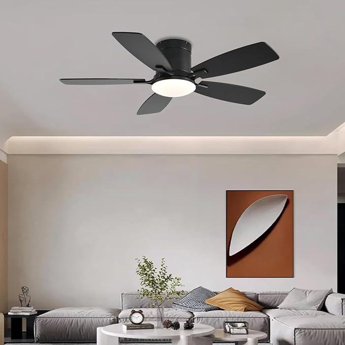 Ayaoty Ceiling Fans with Lights, 42 inch Low Profile Ceiling Fan with Light and Remote Control, Flush Mount, Reversible Motor, Dimmable, Noiseless, Black Ceiling Fan for Bedroom, Indoor/Outdoor Use