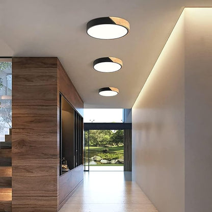 Wood LED Flush Mount Ceiling Light, 3CCT 3000K-6500K Modern Black Close to Ceiling Lighting Fixtures, Minimalist Round Ceiling Light for Bedroom, Kitchen, Hallway, Laundry Room, Not Dimmable