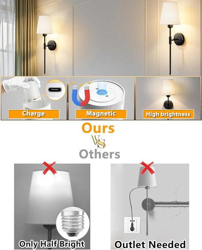 Adetu Wall Sconces Set of Two, Battery Operated Wall Sconce with 10000mAh RGB Dimmable Magnetic Bulbs and Remote, Rechargeable Wall Lights for Bedroom Living Room Hallway Decor