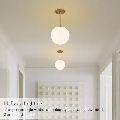 Milk Globe Pendant Light, Mid Century Modern Ceiling Hanging Lights Fixture with Height Adjustable, Brass Gold Pendant Lighting for Kitchen Island, Hallway, Dining Room, Living Room (1 Pack)