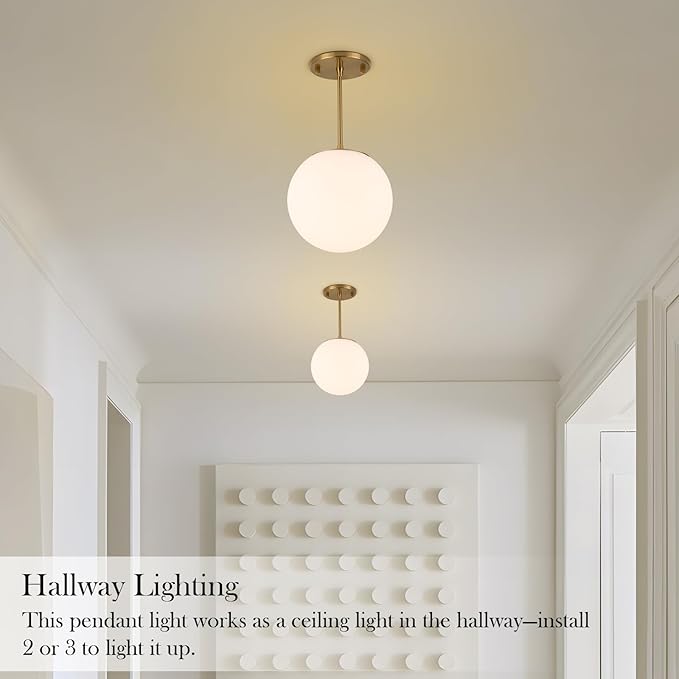 Milk Globe Pendant Light, Mid Century Modern Ceiling Hanging Lights Fixture with Height Adjustable, Brass Gold Pendant Lighting for Kitchen Island, Hallway, Dining Room, Living Room (2 Pack)