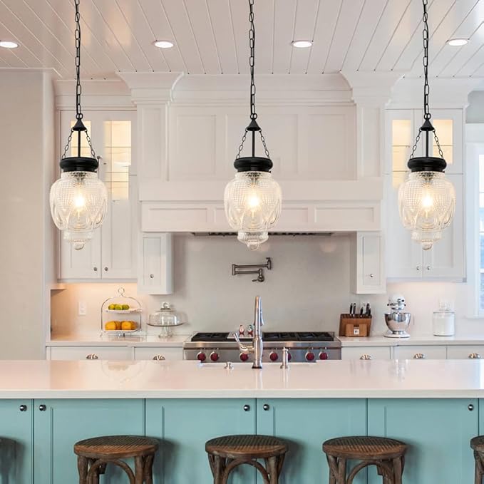 Vintage Pendant Lights Kitchen Island, Black Kitchen Pendant Lighting Over Island, Bathroom Pendant Light With 7.9" w*10.6" h Glass, Farmhouse Sink Light For Closet Pantry Entryway, Height Adjustable