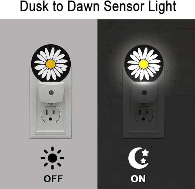 White Daisy Night Light Plug Into Wall Auto Led Sleep Round Lamp for Living Room Hallway Stairs