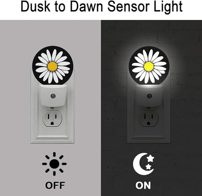 White Daisy Night Light Plug Into Wall Auto Led Sleep Round Lamp for Living Room Hallway Stairs