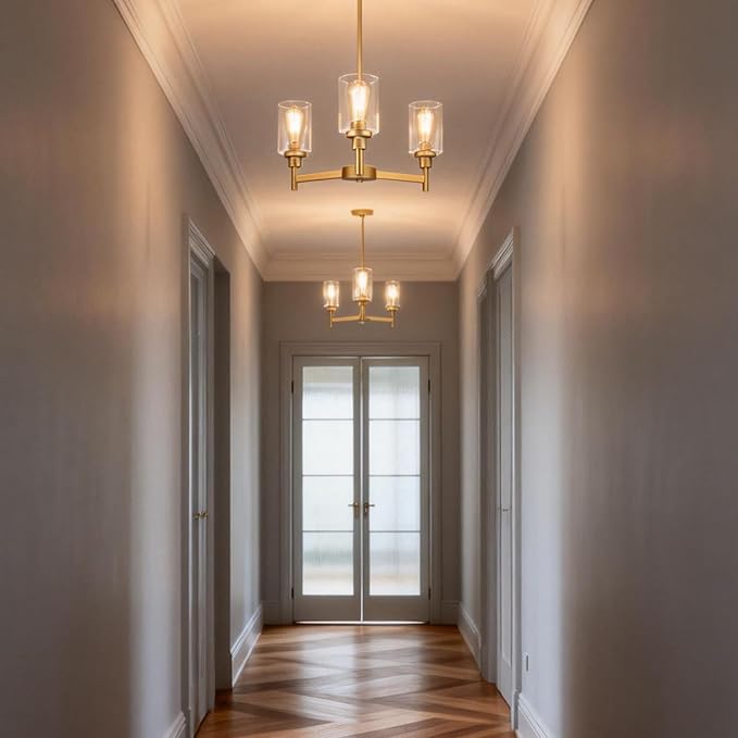 LIGHTDAMY 3-Lights Gold Chandeliers for Dining Room Light Fixture, Farmhouse Chandeliers Over Table, Hallway Lighting Fixtures with Glass Shade for Entryway Dining Room Kitchen Island Foyer