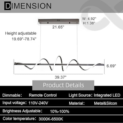 Black Modern Chandelier,Modern Led Pendant Light for Kitchen Island Lighting Dimmable 39.73" Creative Snake-Shaped Twist Design Modern Led Chandelier for Dining Room Over Table