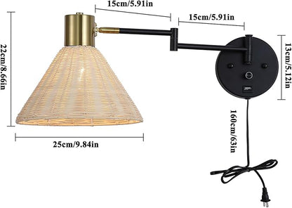 Plug in Rattan Wall Sconce Swing Arm Wall Lamp with USB Port and Dimmer Switch Hand-Woven Boho Rattan Wall Mounted Lamp Suitable for Hallway Bedroom Living Room.Balck