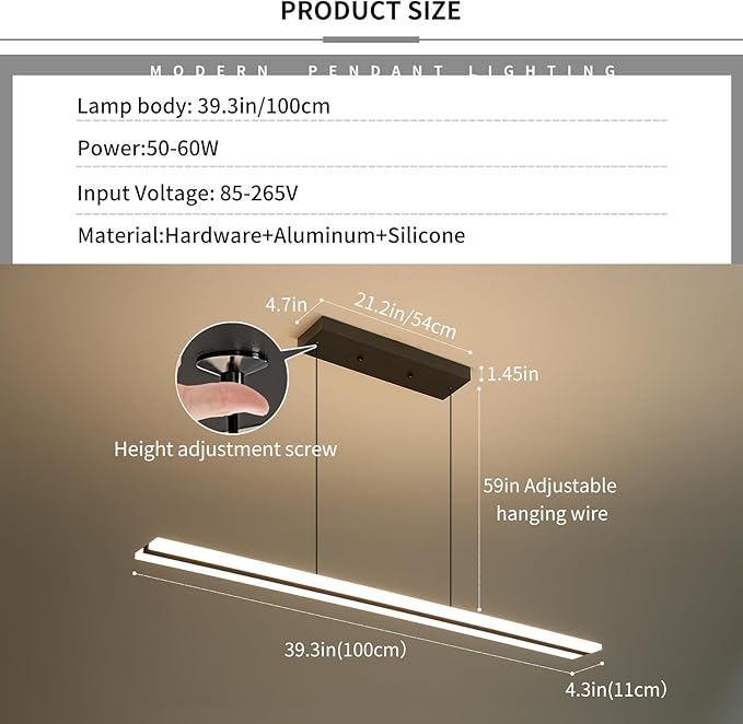 Mikeru Acrylic Linear Pendant Light Dimmable,Modern LED Black Chandelier Fixtures Hanging, Color Temperature and Height Adjustable Table Light for Dining Room, Kitchen, Island 39IN