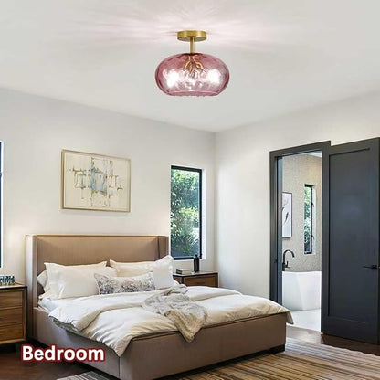 Luafac Red Glass Semi Flush Mount Ceiling Light - 12 Inch Hammered Glass Hallway Light fixtures, Vintage Gold Flush Mount Ceiling Light,Mid Century Light Fixture for Entryway Laundry Room Foyer Porch