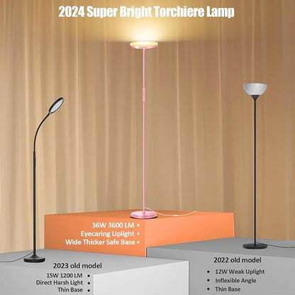 mukuxin Floor Lamp, Upgraded 40W 4000LM Super Bright Torchiere LED Floor Lamps for Living Room, Stepless Dimmable Color Temperature 2700K-6500K with Remote & Touch Control, Standing Light (40W Pink)