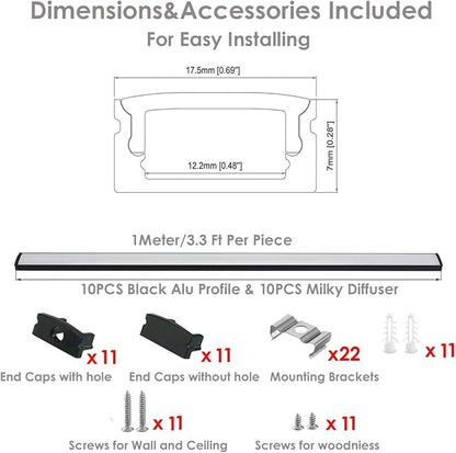 Besseto 10Pack 3.3Ft/1M Black LED Aluminum Channel,LED Strip Light Diffuser Aluminum Channel Profile Housing Extrusion for Under Cabinet Counter and Stairs (Black-10Pack 3.3ft)