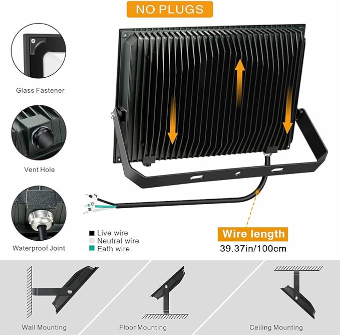2 Pack 200W Led Flood Light, 20000lm 6000K Daylight White Outdoor Flood Lighting, Indoor Flood Light Fixture Landscape Security Floodlight Spotlight for Yard, Garden, Garage, Rooftop