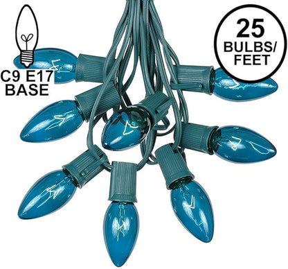 C9 Teal Outdoor Christmas Lights - 25 Foot Roofline & Patio String Lights - Green Wire