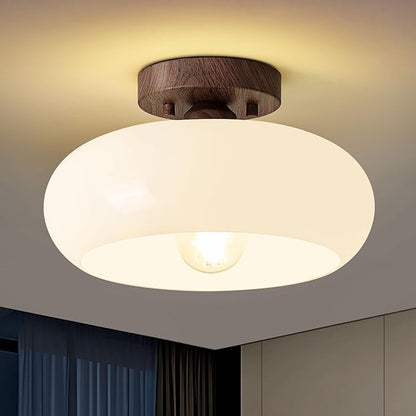 WOKNOS Mid-Century Modern Semi Flush Mount Ceiling Light, Faux Walnut Wood Kitchen Light Fixtures with Glass Shade, Vintage White Close to Ceiling Lamp for Entryway Hallway Bathroom (11.0 Inch)