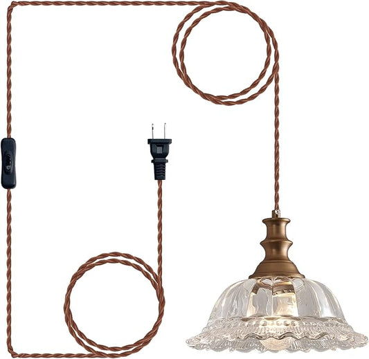 HDDFL Plug in Pendant Light Fixtures Vintage Pendant Lighting with Plug in Cord Hanging Light Kitchen Glass Hanging Lamp with Switch for Island Dining Room Living Room