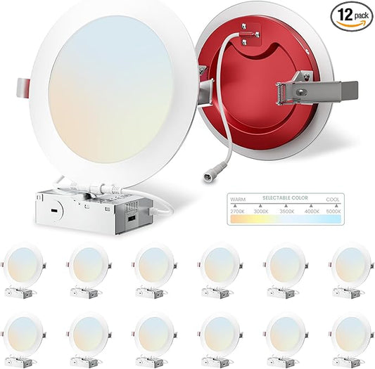 12 Pack 6 Inch Fire Rated Led Recessed Light with Junction Box, 2 Hour Fire Rating,5CCT Selectable Led Ultra Thin Recessed Lighting,12W 1000LM CRI90,Dimmable Led Wafer Light,ETL& ES