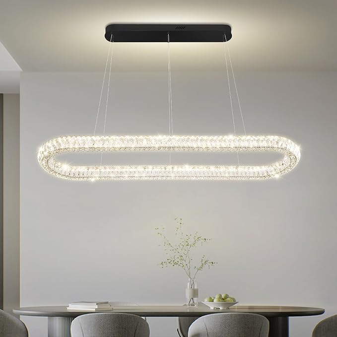 Large Led Ring Chandelier for Living Room Modern 55in Black Linear Oval Chandeliers Over Table Crystal Ring Pendant Light for Dining Room Dimmable 3000K-6000K