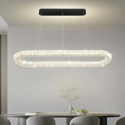 Large Led Ring Chandelier for Living Room Modern 55in Black Linear Oval Chandeliers Over Table Crystal Ring Pendant Light for Dining Room Dimmable 3000K-6000K