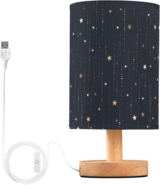 Galaxy and Star Rain Outer Space Dark Table Lamp with Wood Base Fabric Lamp Shade Bedside Nightstand Desk Lamp for Living Room Bedroom Kids Room Office