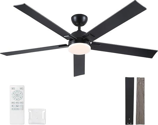 Rayqueen 60 Inch Ceiling Fans with Lights and Remote, 6 Speed Reversible DC Motor, 3CCT Dimmable LED, Black Modern Ceiling Fan for Bedroom, Living room & Covered Outdoor,Includes Downrod