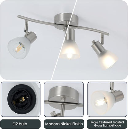 3-Light Nickel-Finish Track Lighting Fixture with Adjustable Directional Heads and Frosted Glass Shades – Ideal for Kitchen, Hallway, Living Room & Bathroom Vanity Lighting (Bulbs Not Included)