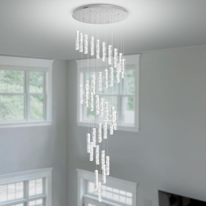 150in Long Crystal Chandelier Large Spiral Stair Chandeliers for High Ceilings Foyer Entryway Flush Mount Ceiling Lights 36-Light Silver LED Dimmbale