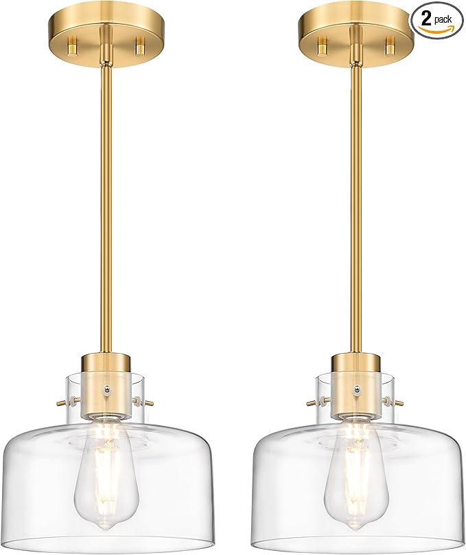 2 Pack Pendant Lights Kitchen Island, 8" Brushed Gold Pendant Light Fixtures Over Island with Clear Glass Shade, Modern Brass Kitchen Island Lighting for Dining Room Entryway, PL124-BG-G-2PL