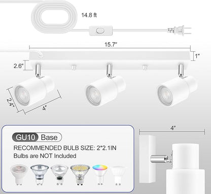 Plug-in Track Lighting LED, Track Light Fixtures Ceiling, White 3-Light Ceiling Lights for Kitchen, 3 Way Spotlight with Cord, Rotatable Wall Mount Light Head for Bedroom Hallway, Bulb Not Included