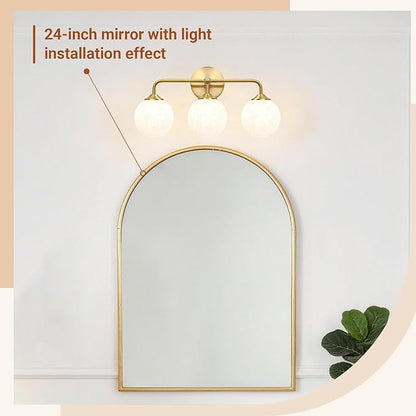 Modern Brushed Gold 3-Lights Vanity Light Fixtures with Carved White Glass Ball Shades, Mid Century Brass Wall Sconce Lighting Fixtures over Mirror, Wall Sconces for Bathroom Dressing Table Bedroom
