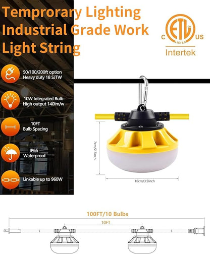 100FT LED Construction String Lights, 100W 10000LM Industrial Grade Temporary Work Lights with 10 Bulbs, Linkable 5000K Super Bright Weatherproof Lighting for Construction Site, Job Site,& Outdoor Use