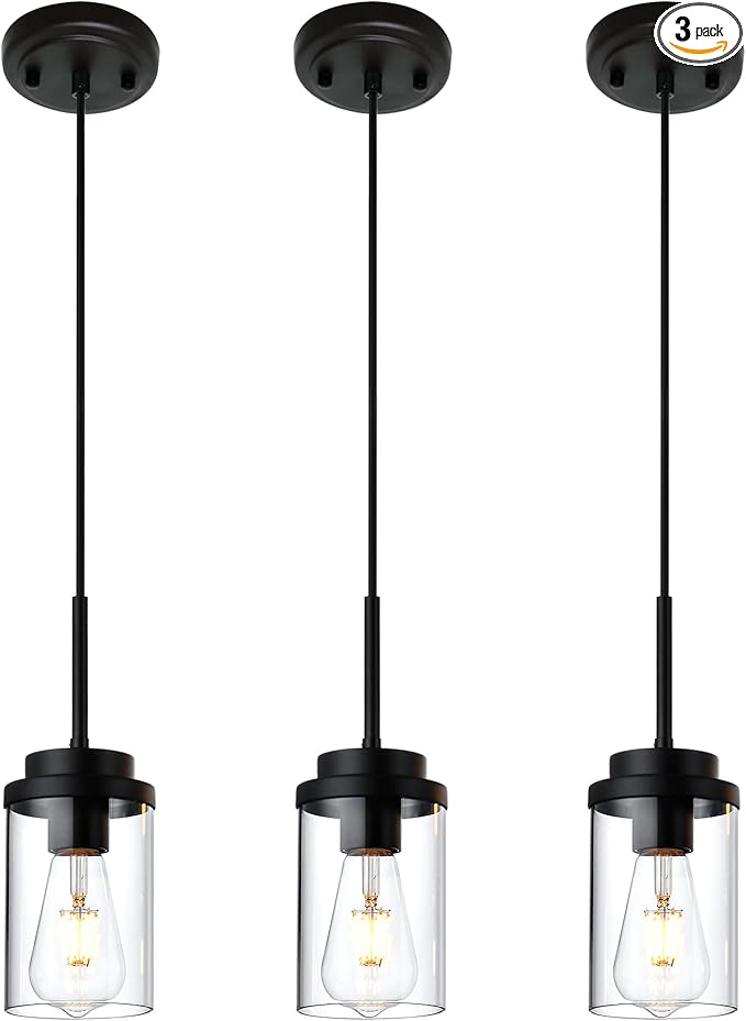 MELUCEE 3 Pack Hanging Pendant Lighting Fixtures Black, Adjustable Hanging Ceiling Lamp with Clear Glass Shade, Modern Pendant Light for Kitchen Island Dining Room Bedroom Hallway